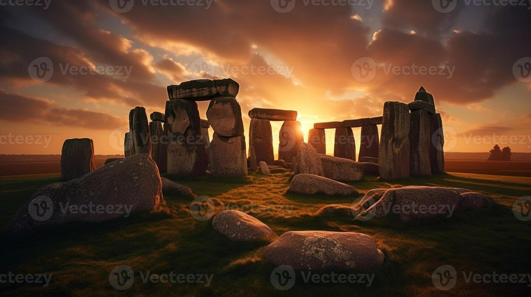 Stonehenge a puesta de sol. antiguo restos. Stonehenge en Inglaterra. ai generado. foto