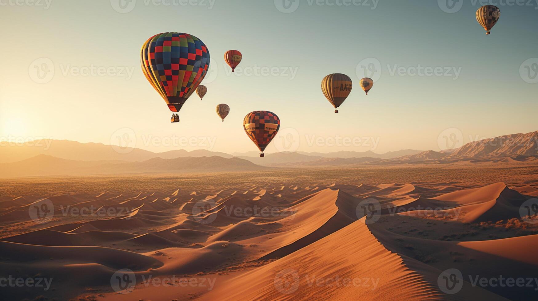 Hot air balloons flying over the desert. Ballooning. . photo