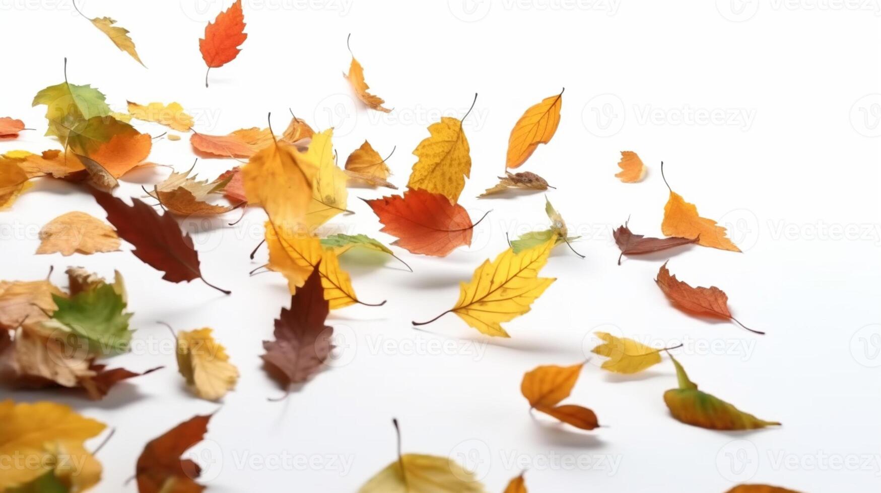 Falling autumn leaves on white background. . photo