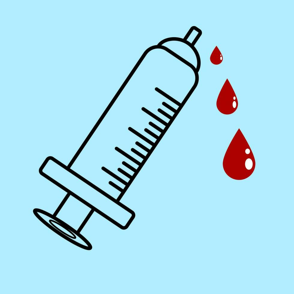 Syringe, Injection with drop of blood in flat vector