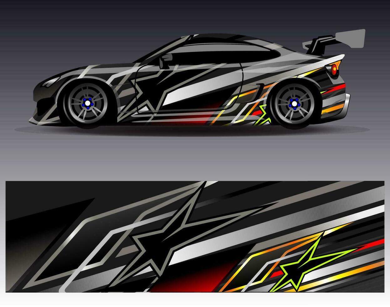 vector de diseño de envoltura de coche. Diseños de kits de fondo de carreras de franjas abstractas gráficas para envolver vehículos carrera de autos rally aventura y librea