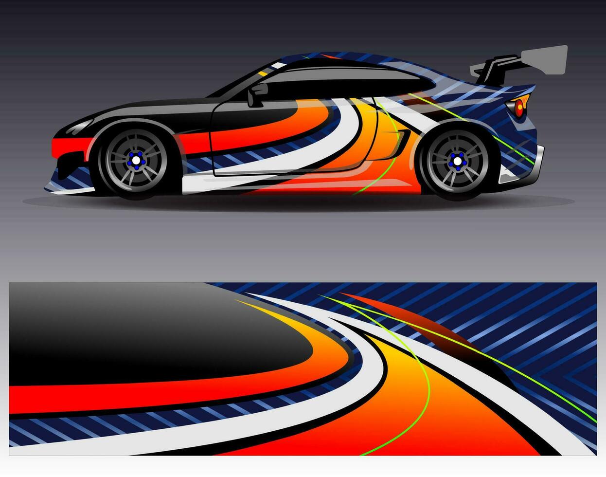 vector de diseño de envoltura de coche. Diseños de kits de fondo de carreras de franjas abstractas gráficas para envolver vehículos carrera de autos rally aventura y librea