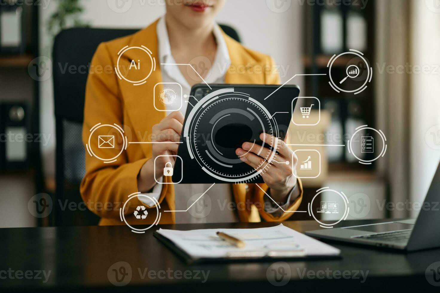 Businesswoman hand working digital marketing media in virtual screen with mobile phone and modern compute with VR icon diagram at office photo