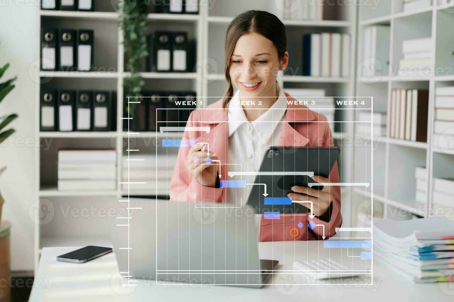 Project manager working and update tasks with milestones progress planning and Gantt chart scheduling diagram.business tram working at office photo