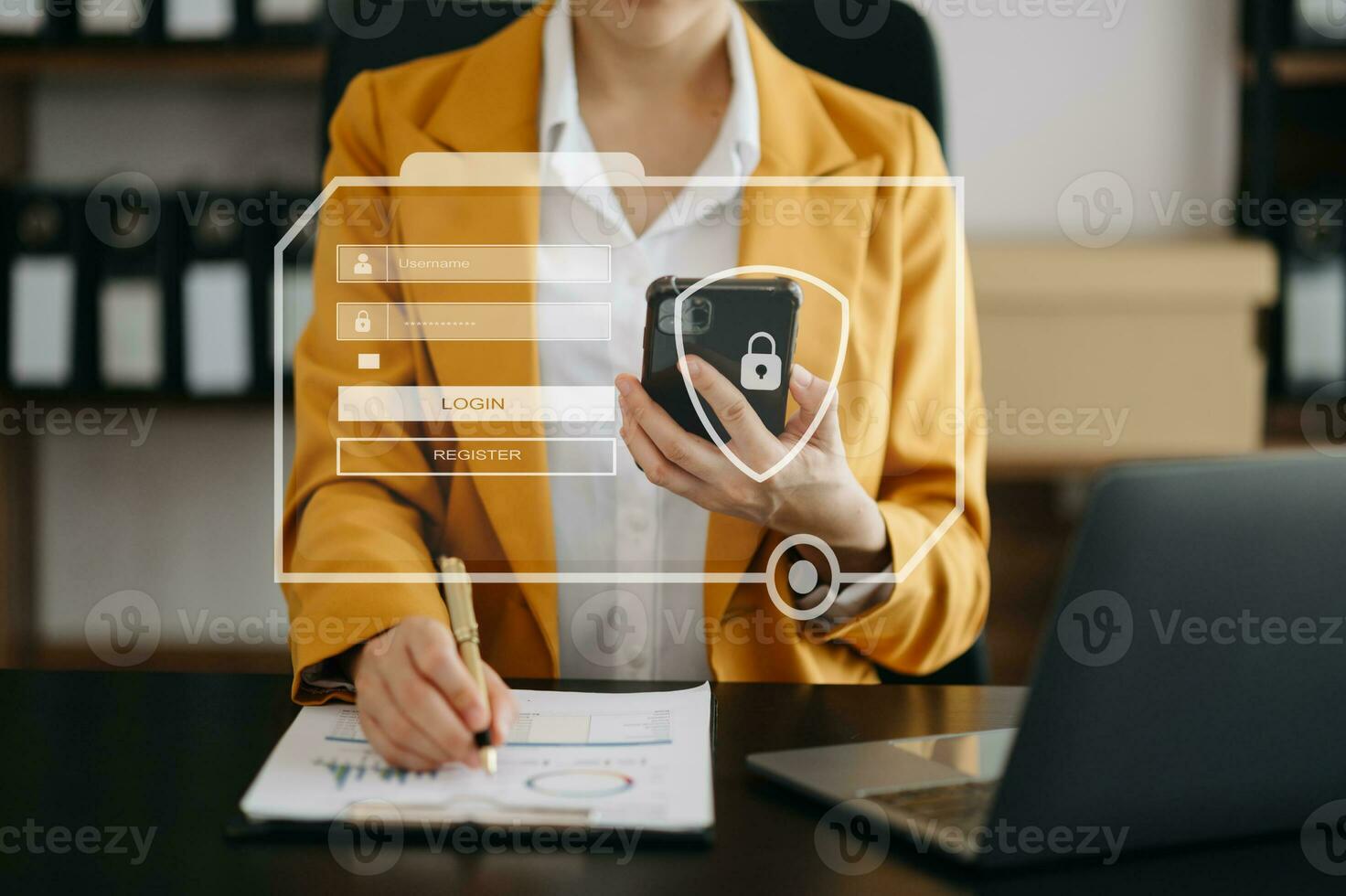 Cyber security concept, Login, User, identification information security and encryption, secure access to user's personal information woman using smart phone and tablet photo
