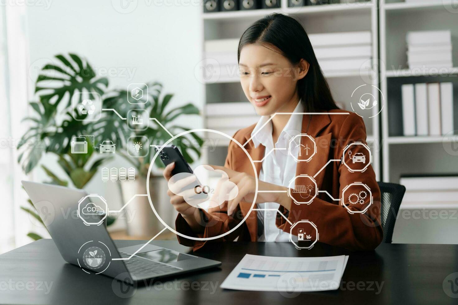 Business working with reduce CO2 concept with icons, global warming such as reforest green factory recycle and zero carbon dioxide emission concept. with VR icon at office photo