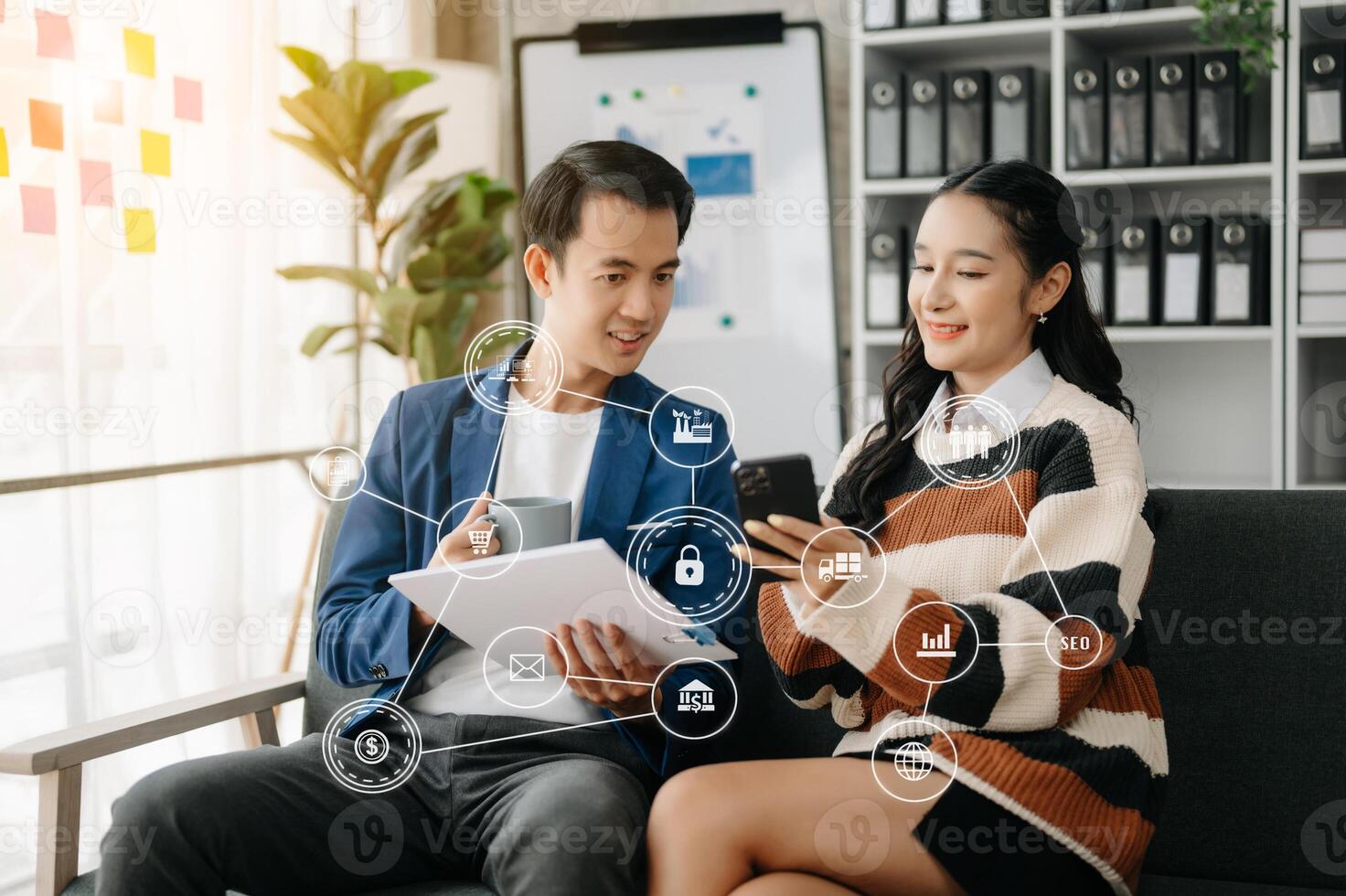 Business team partnership meeting concept. Business hand using laptop, tablet and smartphone  in office. Digital marketing media mobile app in virtual icon screen photo
