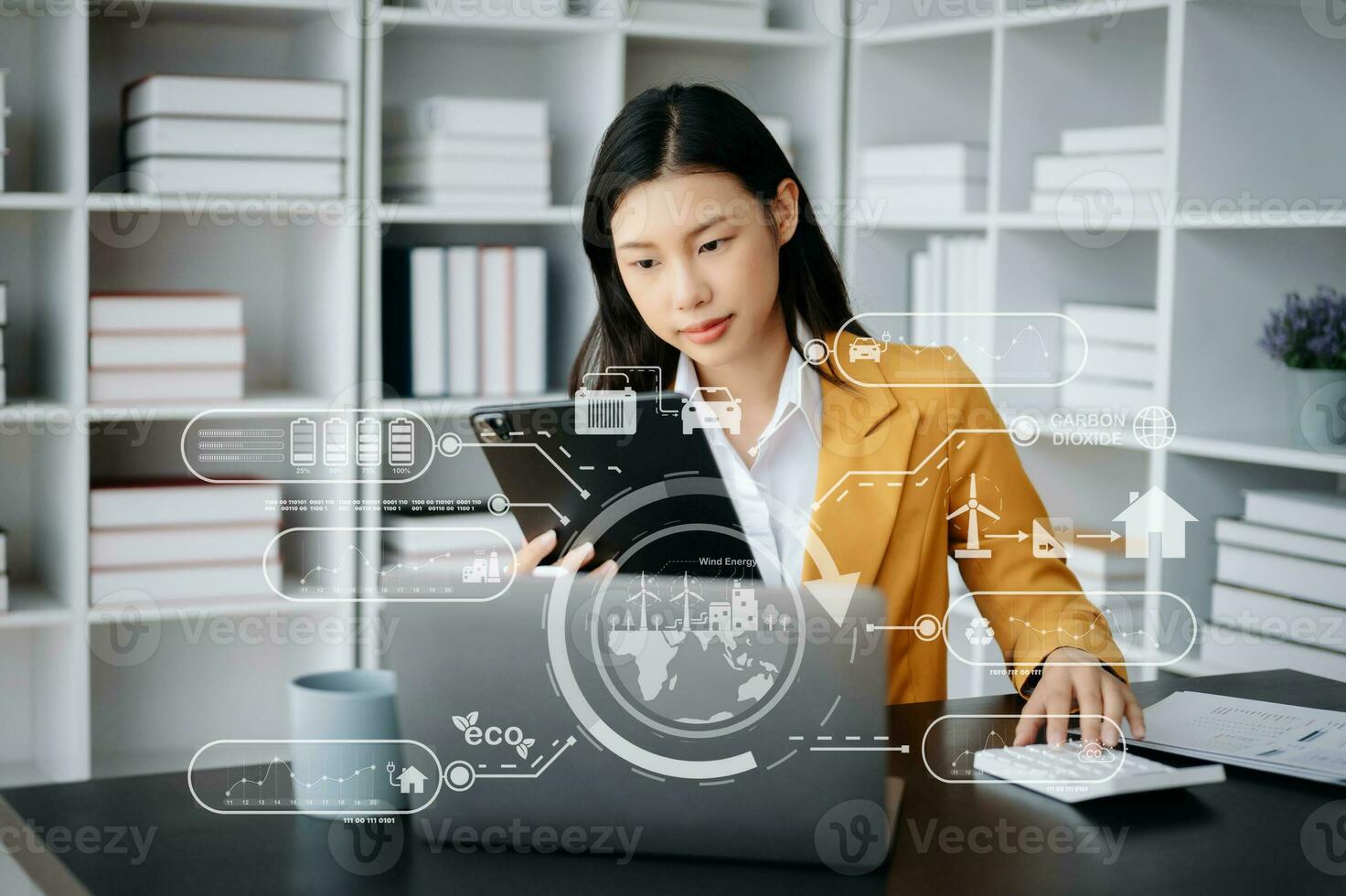 Business working with reduce CO2 concept with icons, global warming such as reforest green factory recycle and zero carbon dioxide emission concept. with VR icon at office photo