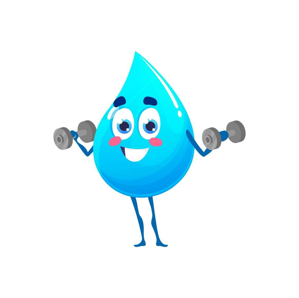 Cartoon happy water drop character with dumbbells vector