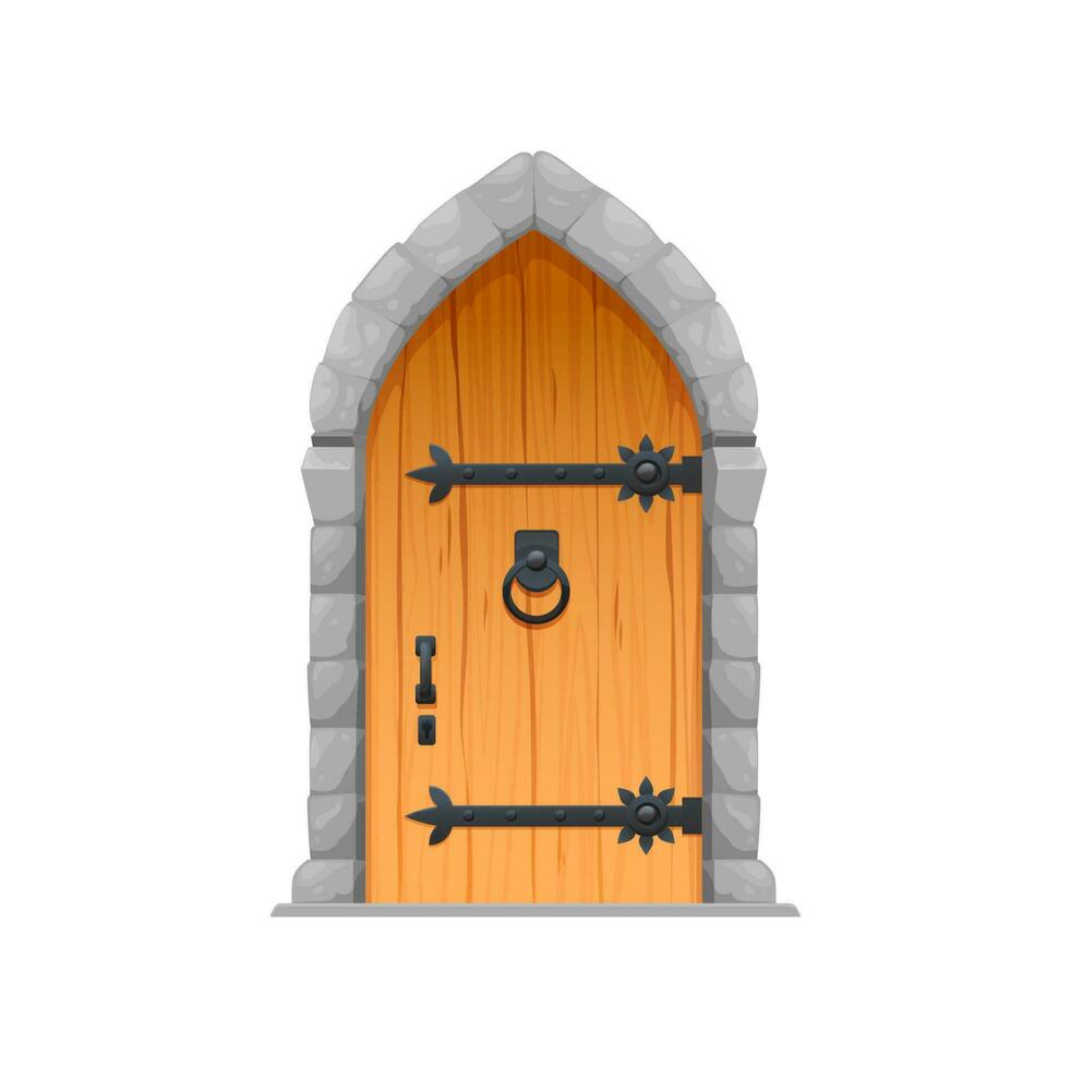 Cartoon medieval castle gate, fortress wooden door vector