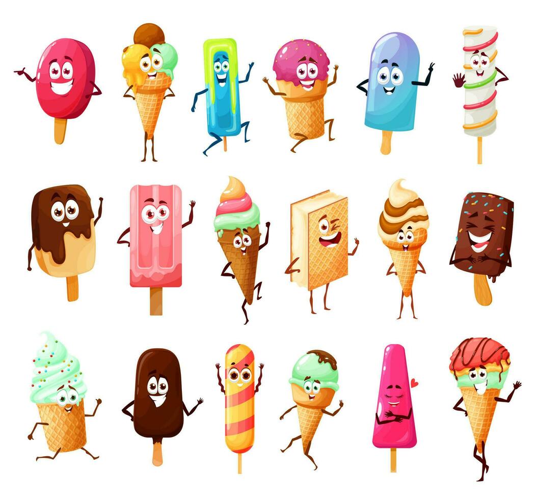 Cute ice cream cartoon characters, summer dessert vector