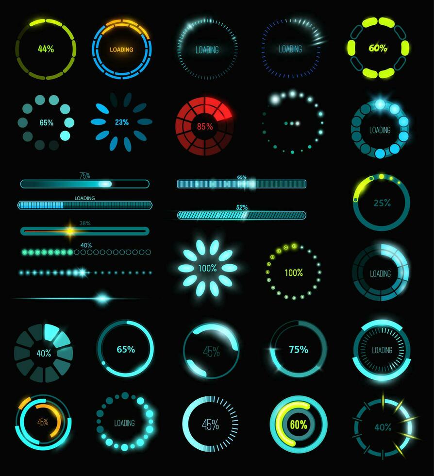 Loading process and status bar icons HUD interface vector