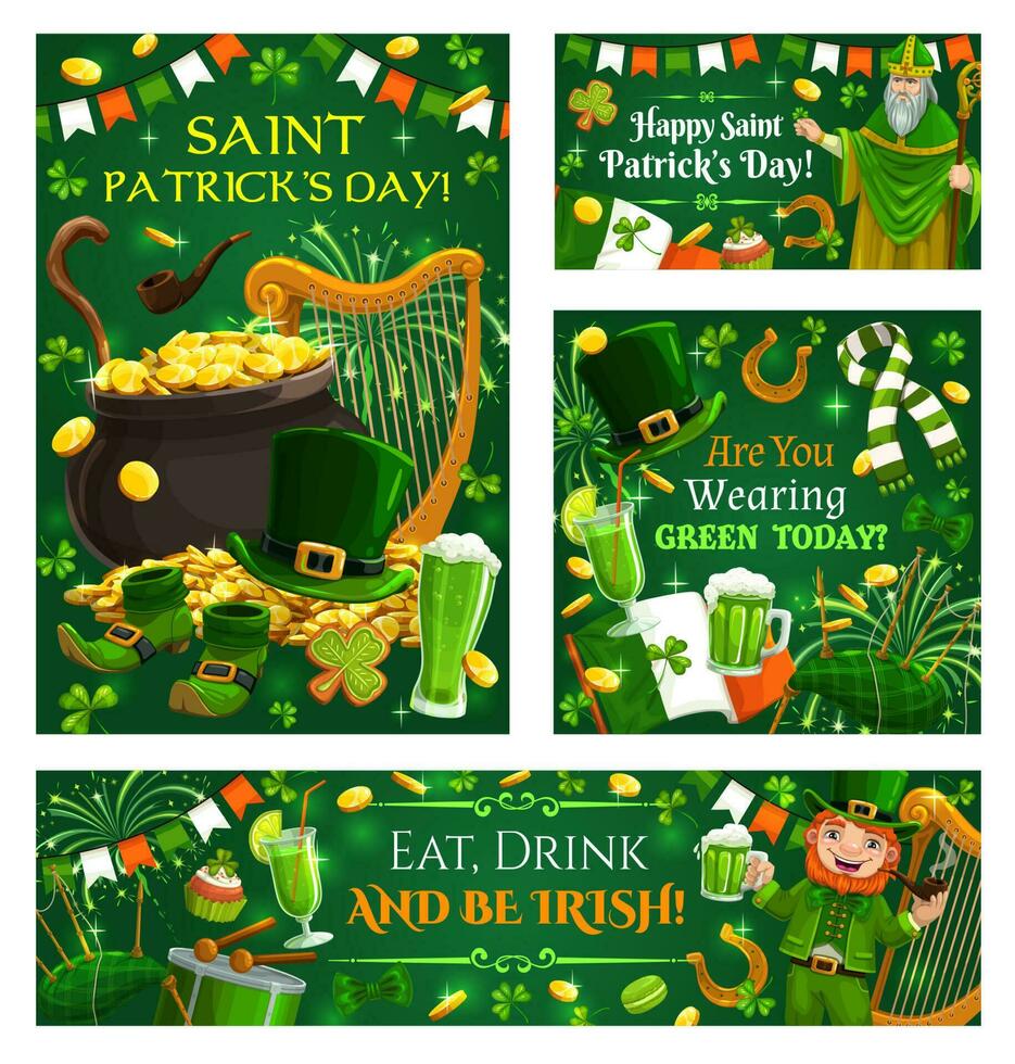 Irish holiday music instruments, money food drinks vector