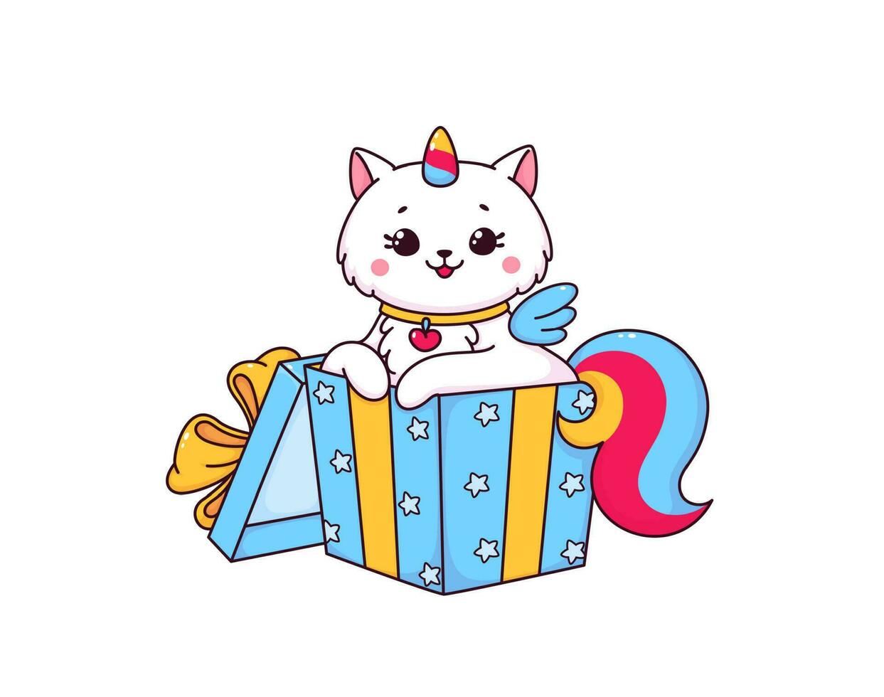 Cartoon caticorn in gift box with rainbow horn vector