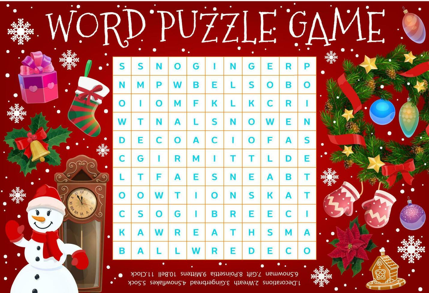 Merry Christmas word puzzle with holiday symbols vector