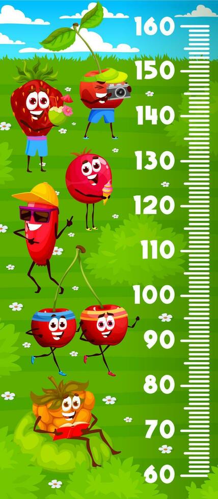 Kids height chart with berry characters on meadow vector