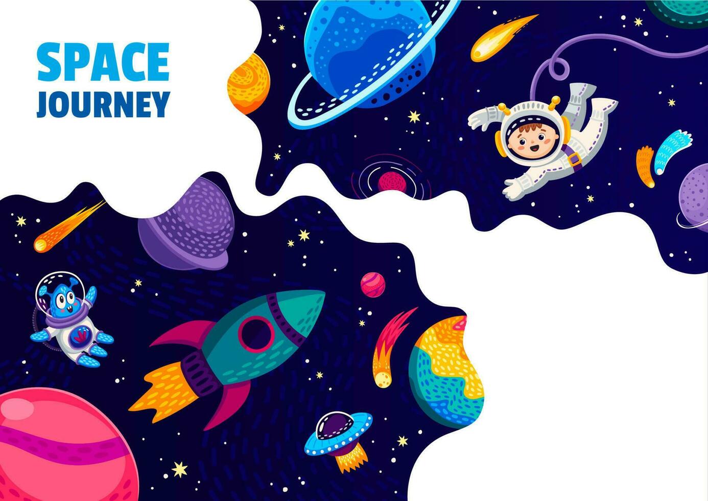 Cartoon space poster, astronaut, rocket in space vector