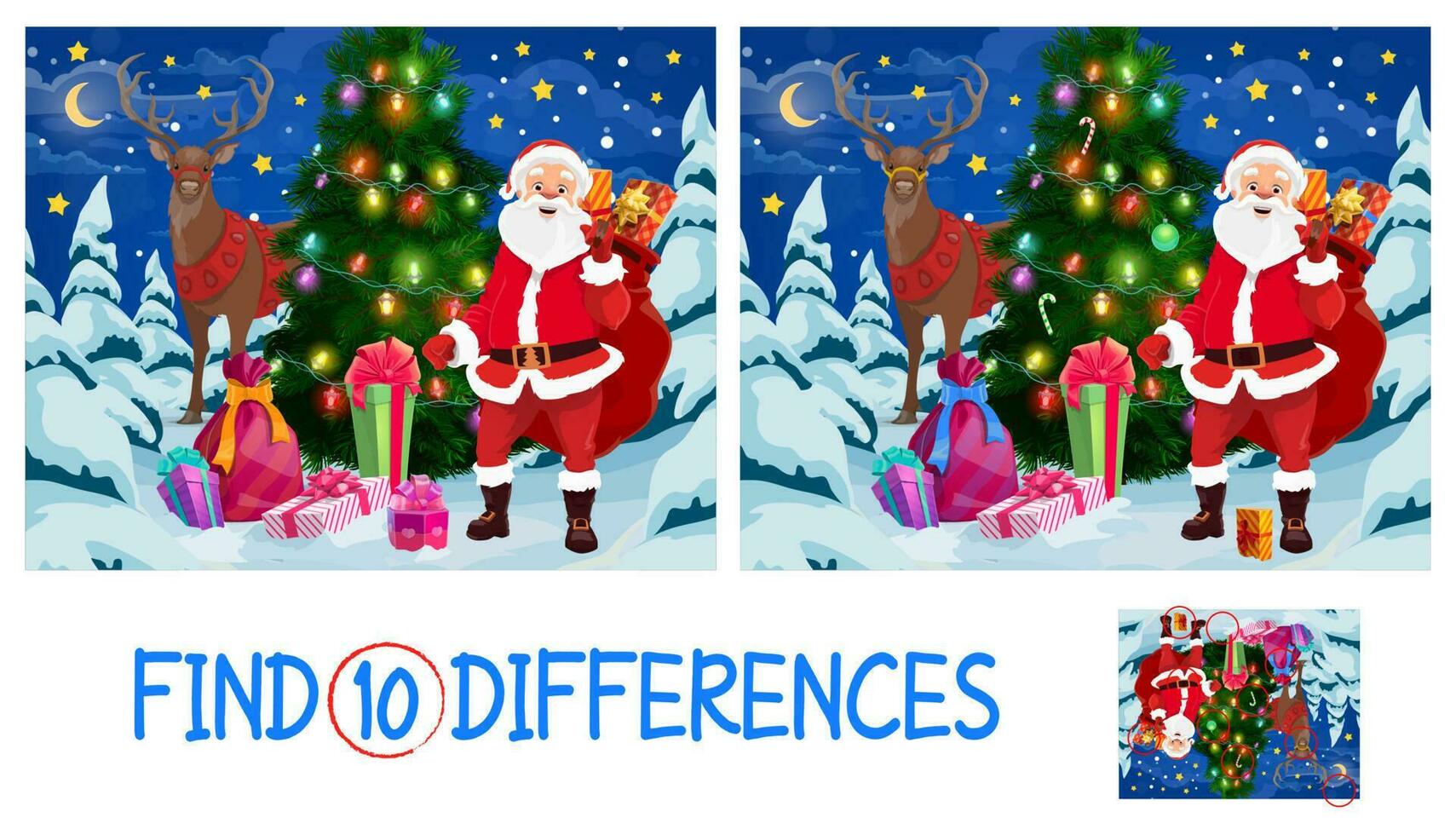 Find ten differences Christmas game for kids vector