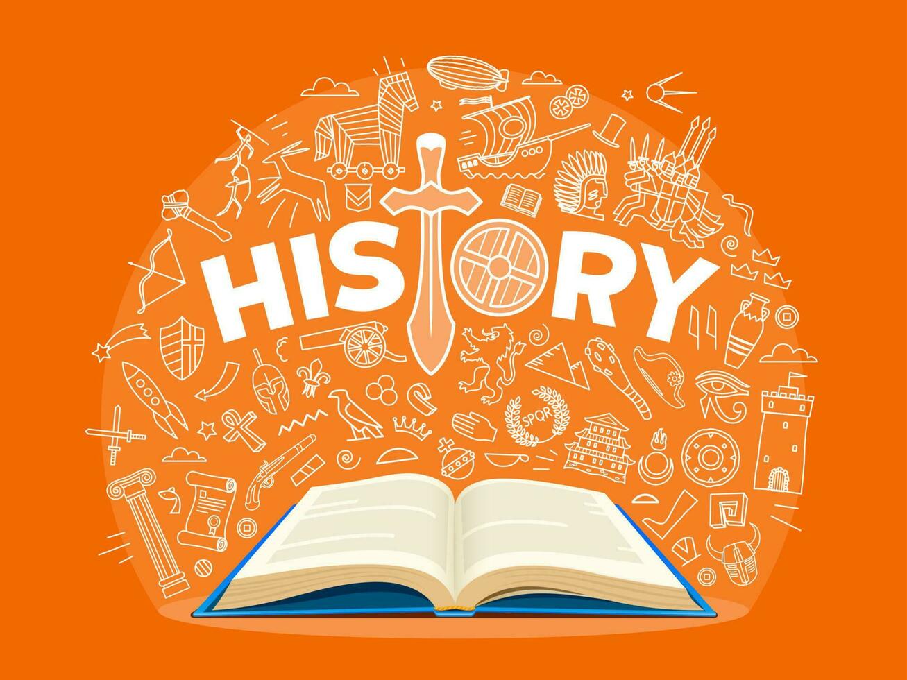 History textbook, outline science school symbols vector