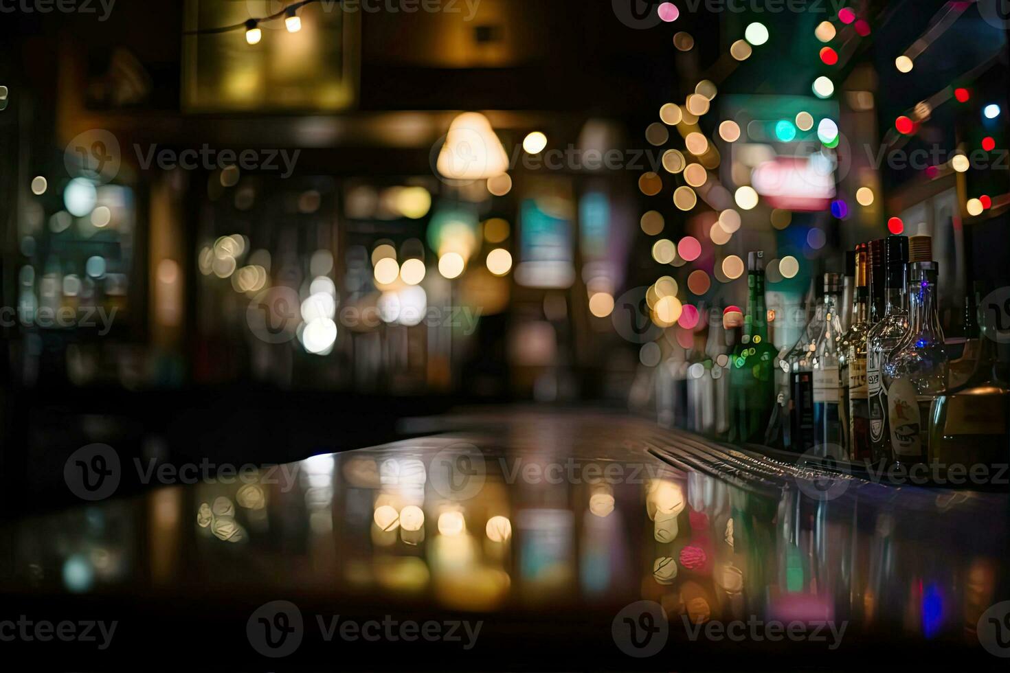 Bar counter in the restaurant bar is out of focus with illumination and blur lights photo