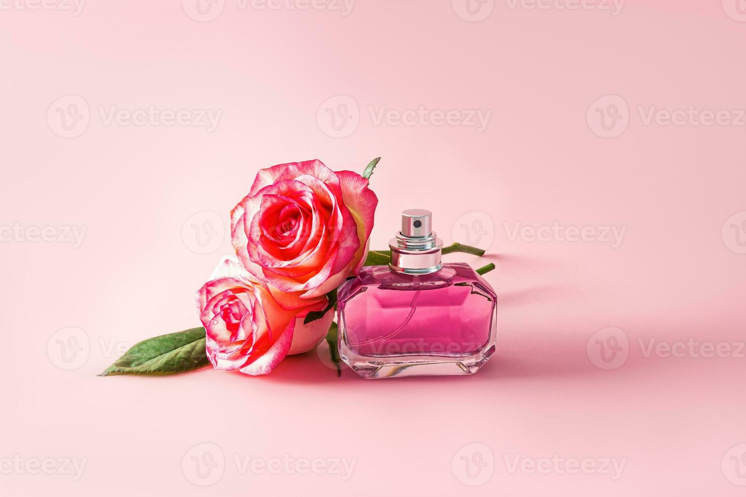 un elegante botella de perfume o eau Delaware perfume con notas de delicado rosas en un rosado antecedentes con capullos de rosa frente vista. aroma presentación foto