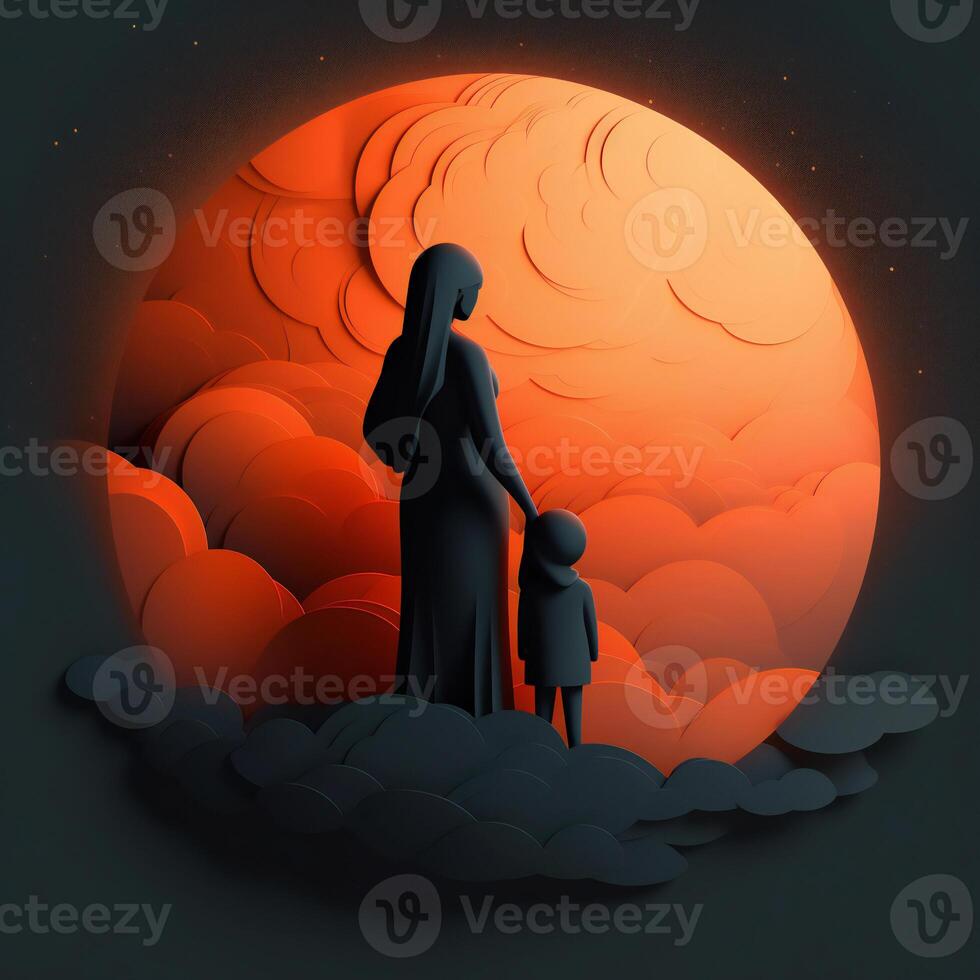 Mother Hold Hand Kid, Orange Black Color Paper Art Design photo