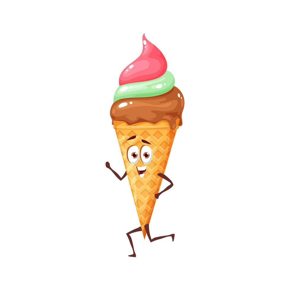 Ice cream in waffle cone dessert cartoon character vector