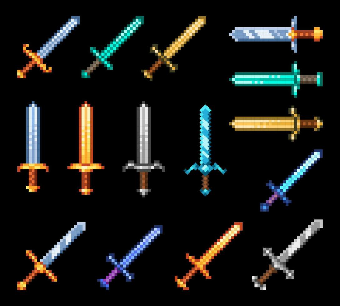 Pixel game swords weapon, knight armor game asset vector