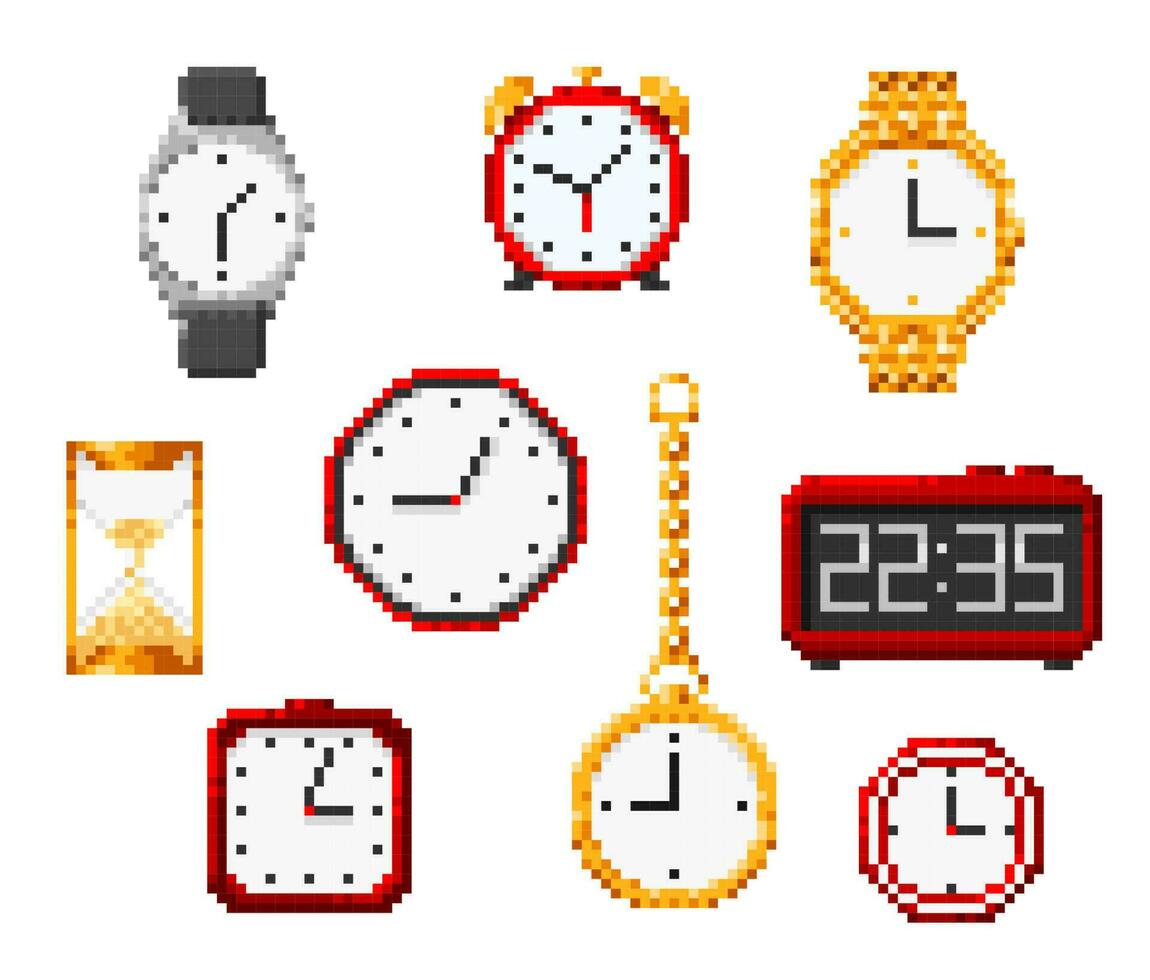 Isolated pixel hourglass, watch and alarm clock vector