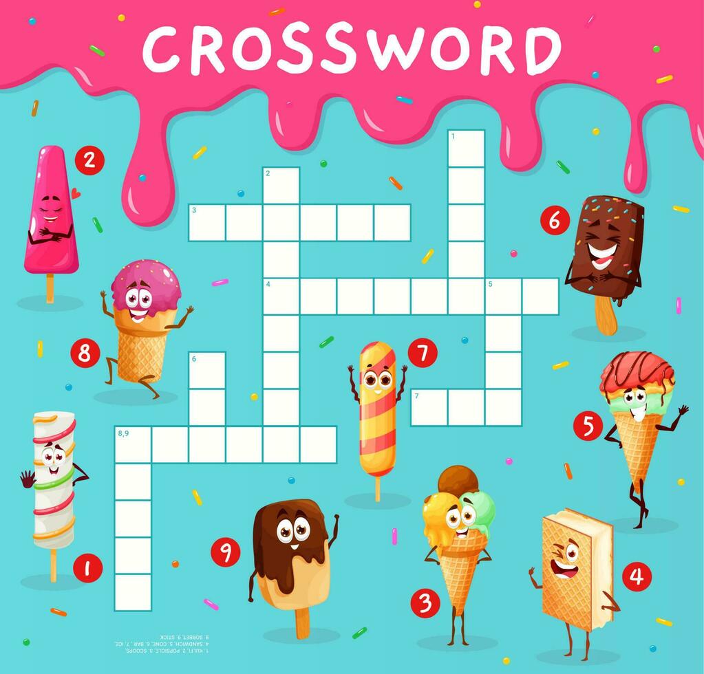 Crossword quiz game grid, cartoon funny ice cream vector