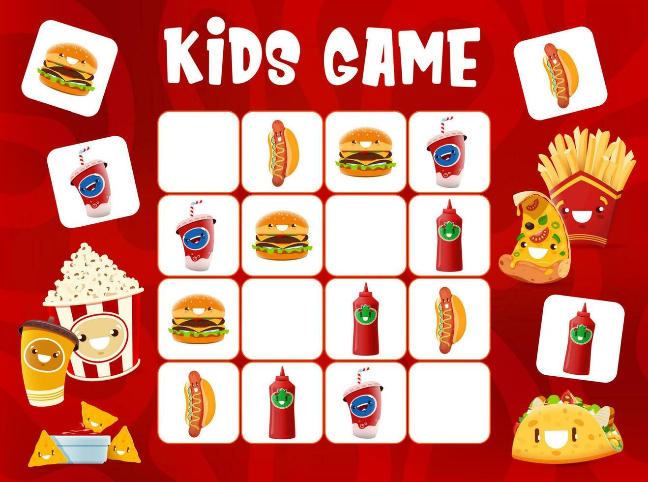Sudoku kids game, cartoon takeaway fast food vector