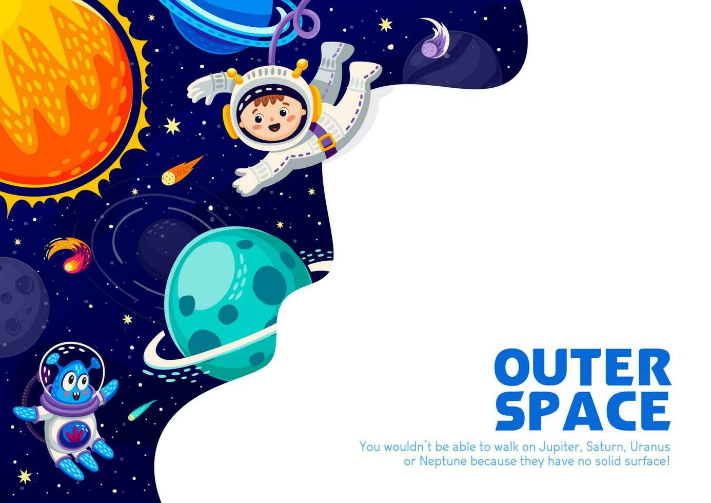 espacio póster con dibujos animados extraterrestre y niño astronauta vector