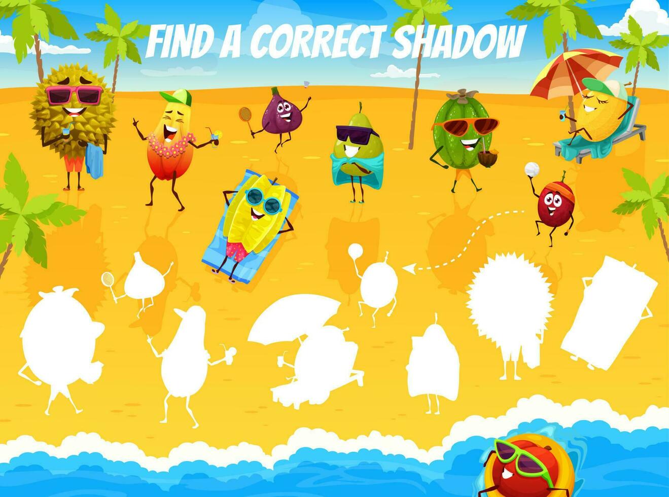 Find a correct shadow of cartoon fruits on beach vector