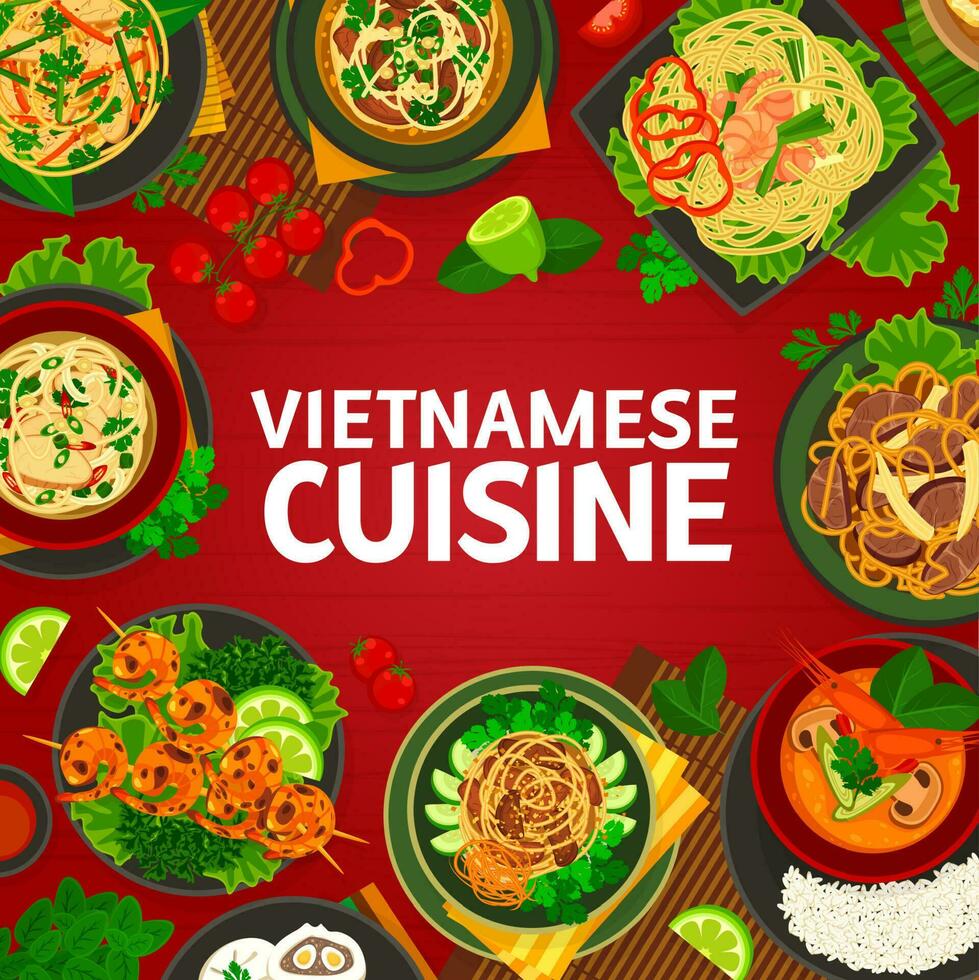 vietnamita cocina menú cubrir, asiático comida platos vector