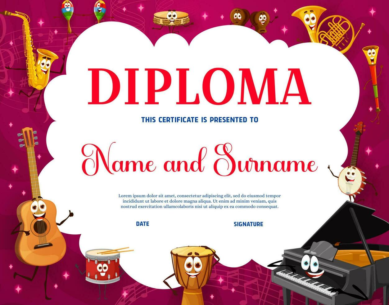 Kids diploma with musical instrument characters vector