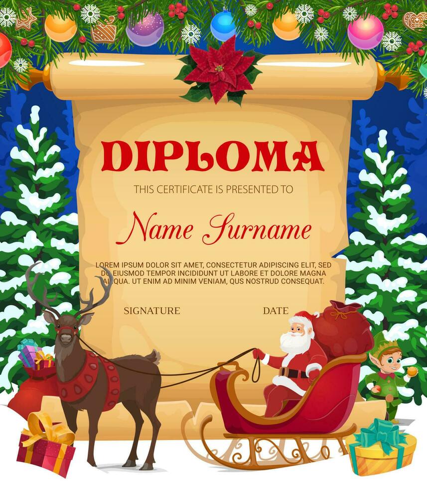 Kids Christmas diploma or certificate template vector