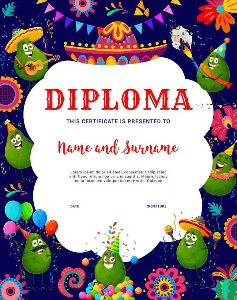 Kids diploma cartoon avocado characters on party vector
