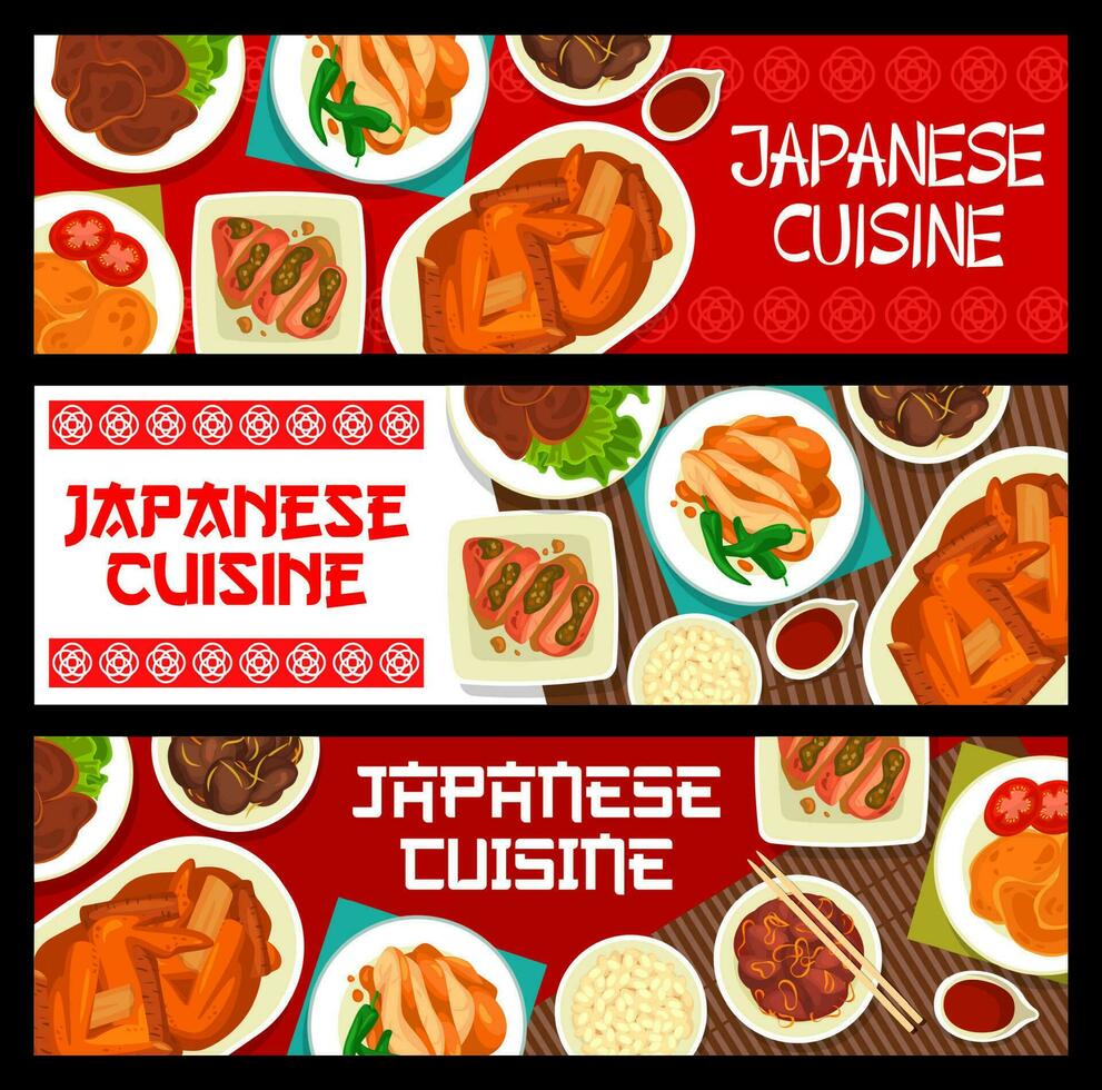 Japanese cuisine cafe dishes, meals vector banners