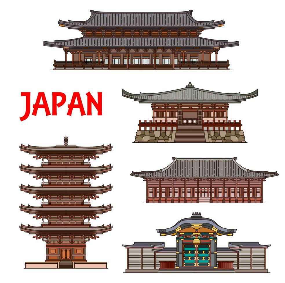 Japanese temples shrines, Japan pagodas, monastery vector