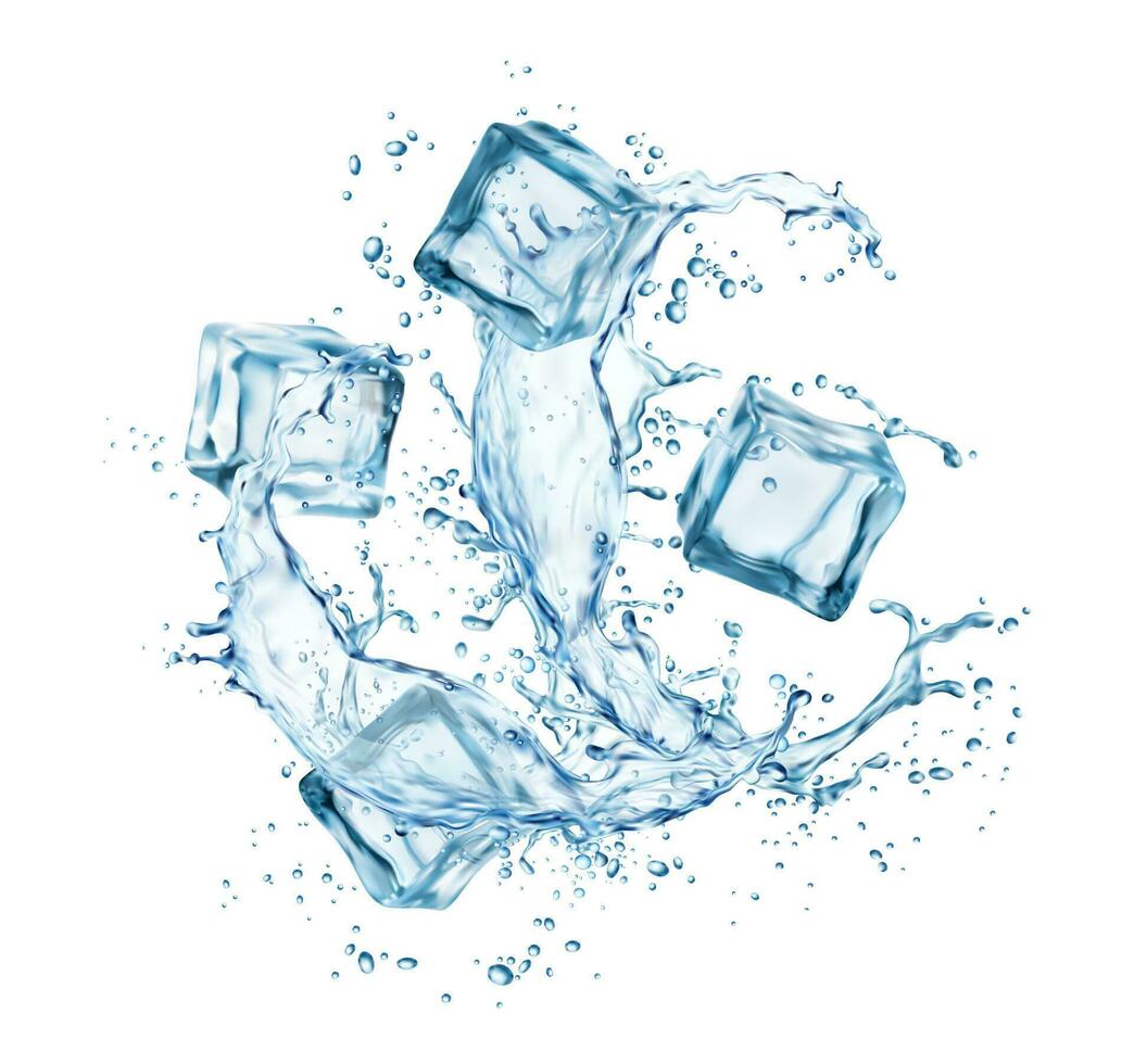 congelado hielo cubitos en agua salpicaduras, líquido ola vector