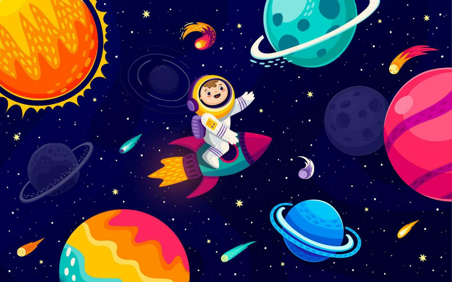 dibujos animados astronauta en cohete en estrellado galaxia vector