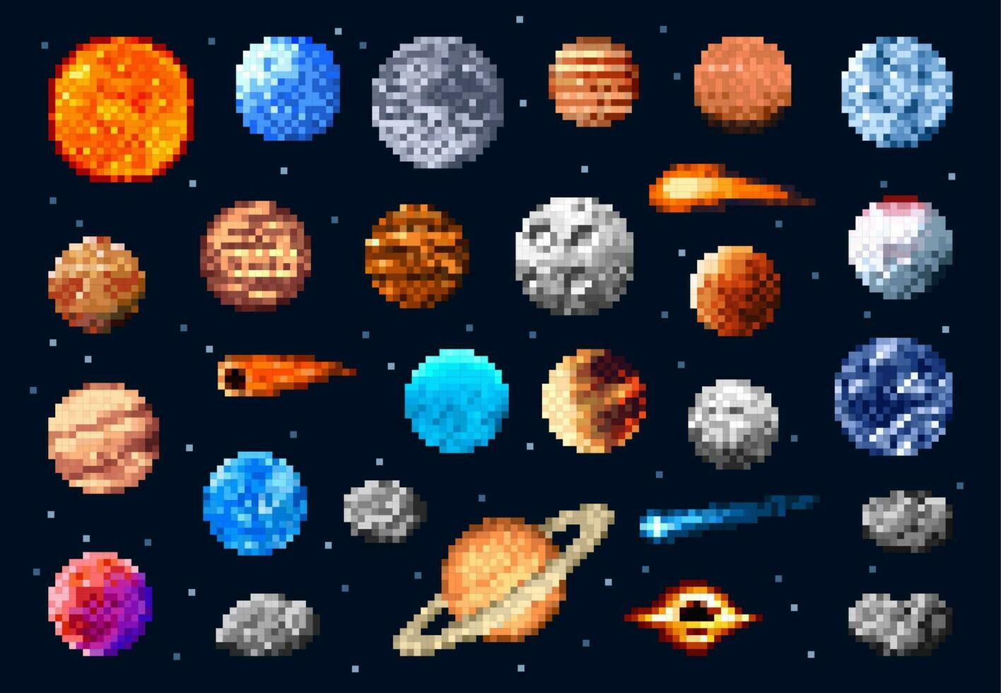 píxel espacio planetas y estrellas, asteroides o cometas vector