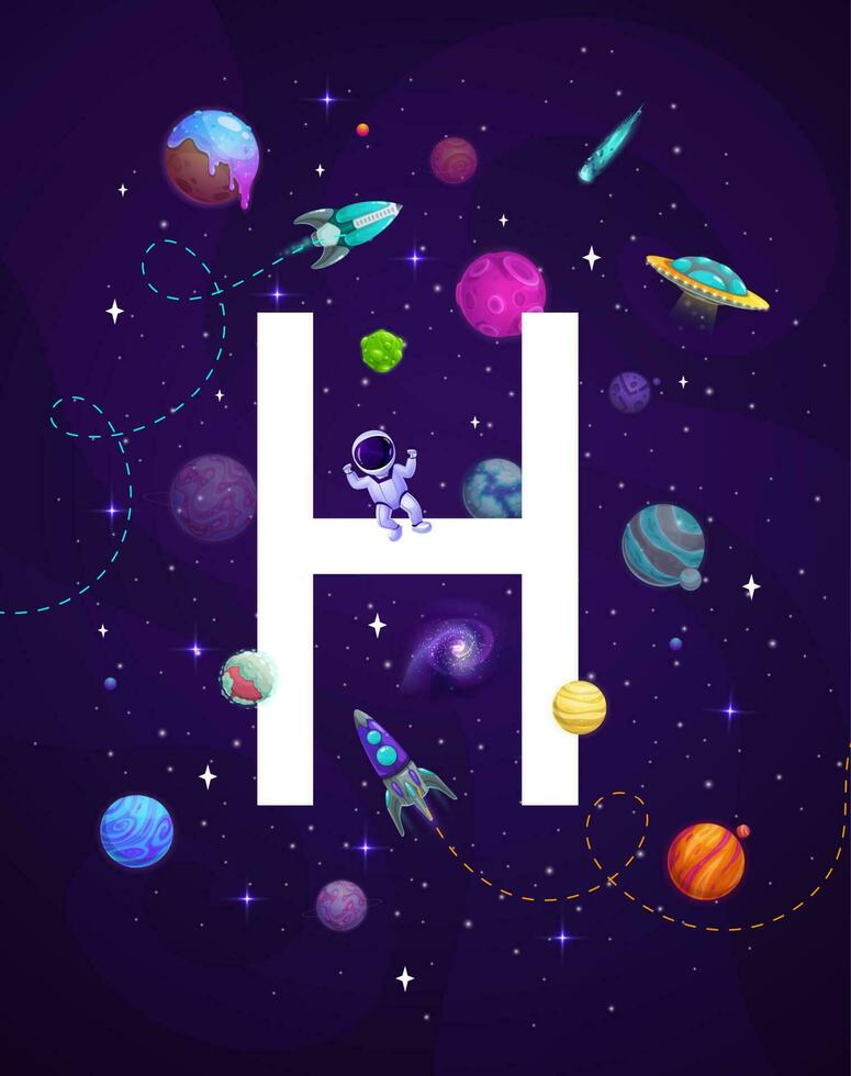 Cartoon space letter h, alien galaxy planets vector
