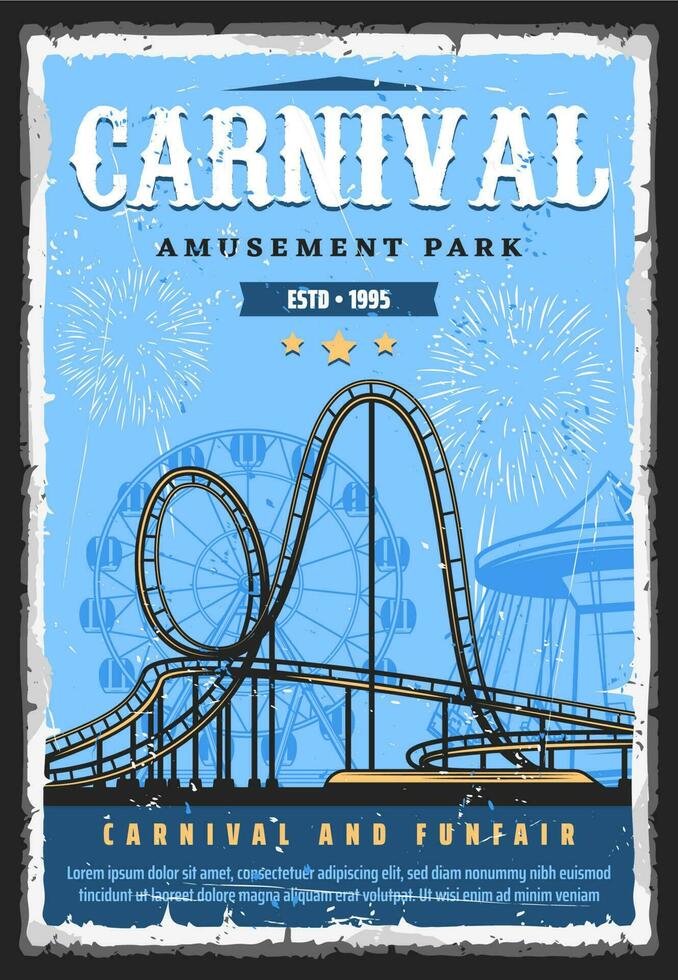 Amusement park roller coaster, funfair carnival vector