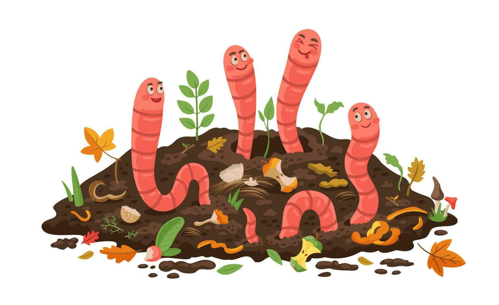 Cartoon compost worms in soil, organic bio wastes vector