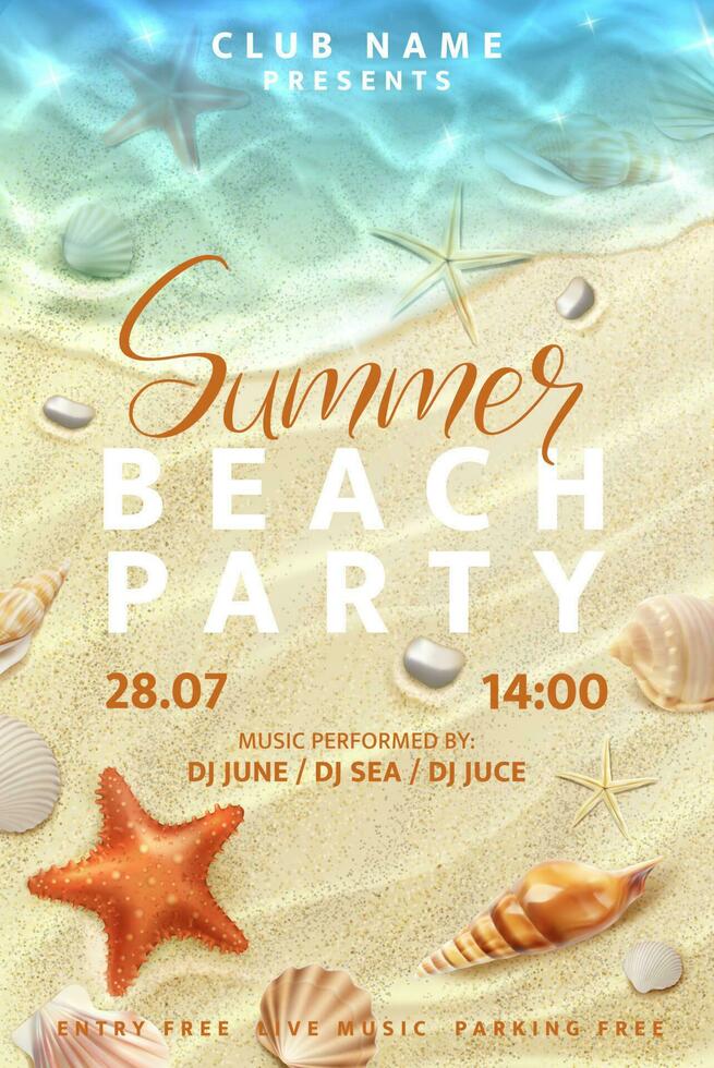 Summer beach party flyer with realistic seashells vector