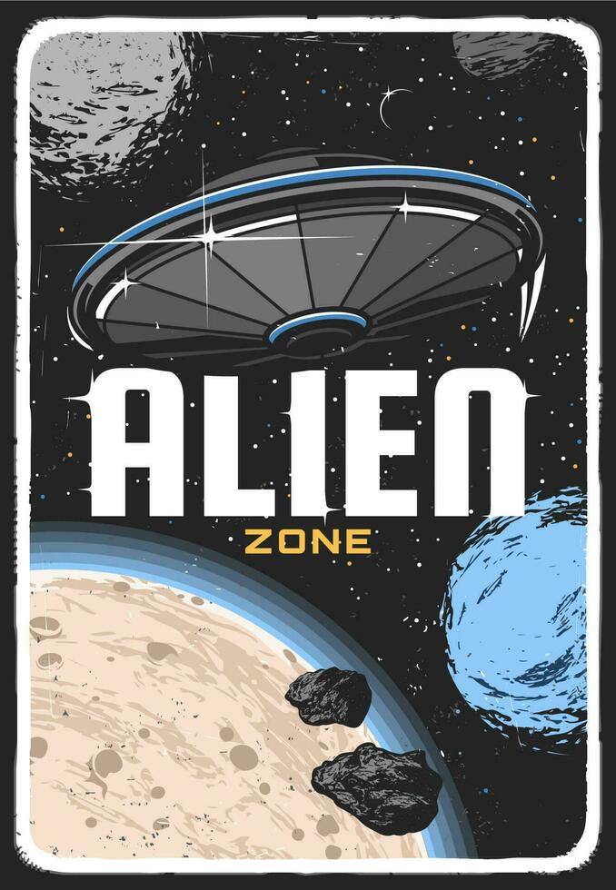 Alien ufo on planet orbit in space vector poster
