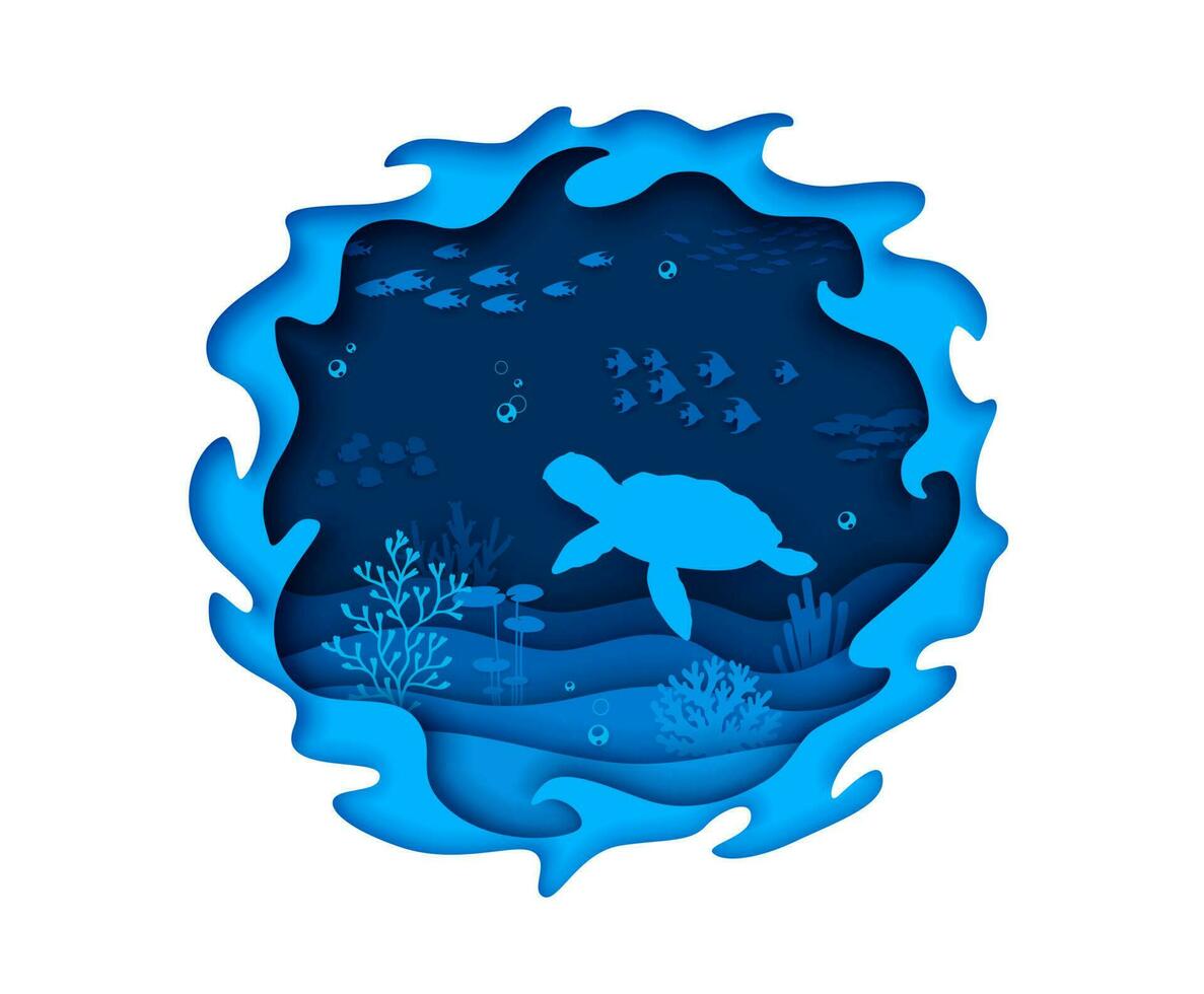 Sea paper cut underwater landscape with turtle vector