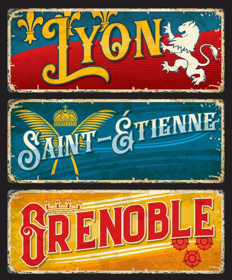 Lyon, Grenoble, Saint-Etienne french city plate vector