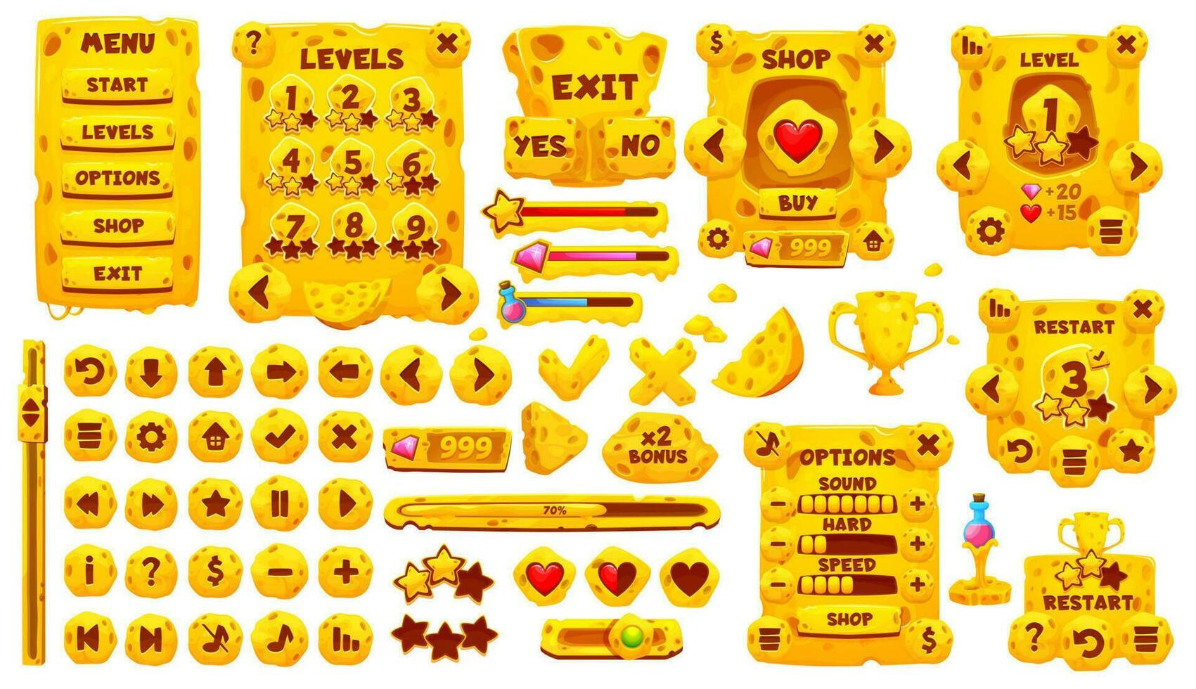 Game interface, GUI asset and cheese buttons vector